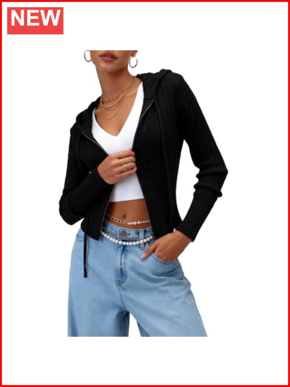 Cable Knit Zip Up Hoodie Sweater Cropped Cardigan Y2K Women's